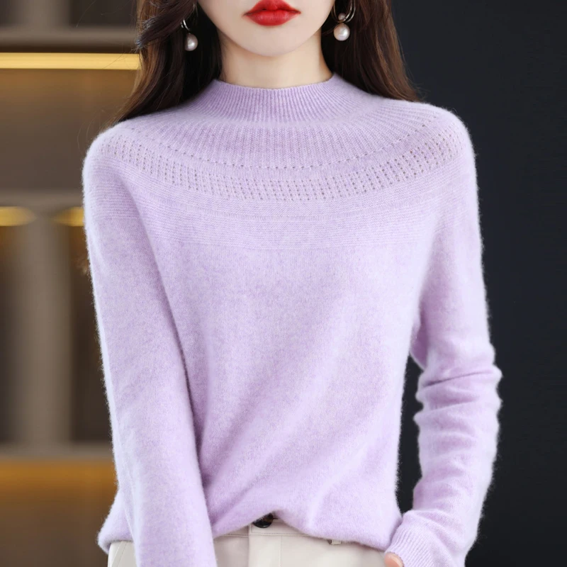 2024 Autumn Winter New Women\'s Sweater Pure Wool Pullover Long Sleeved Hollow Loose Slim Fit Solid Color Simple Versatile Tops