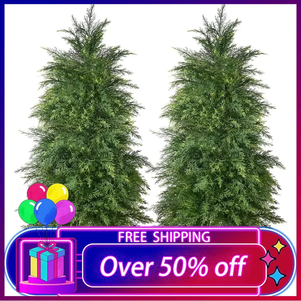 2 Pack 4ft Artificial Cedar Topiary Trees for Outdoor Front Porch Décor, UV Rated Fake Potted Plants for Indoor and Outdoor Use