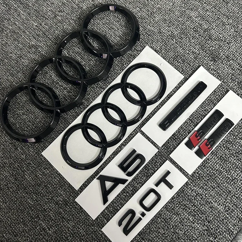 

2PCS 4Ring logo ABS Black Car Hood Front Grill Rear Trunk Emblem Sticker 1P A5 1P Quarrto 1P 2.0T 2P Sline For AUDI A5 2010-2019