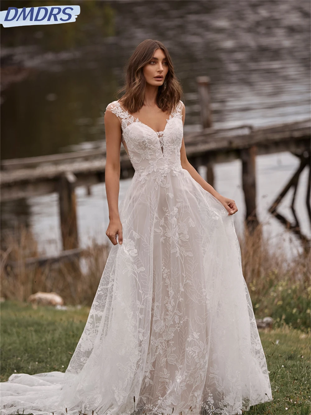 Robe de mariée élégante en tulle, style bohème, élégante, coupe trapèze, sexy, col en V, longueur au sol, quelle que soit la collection 2024