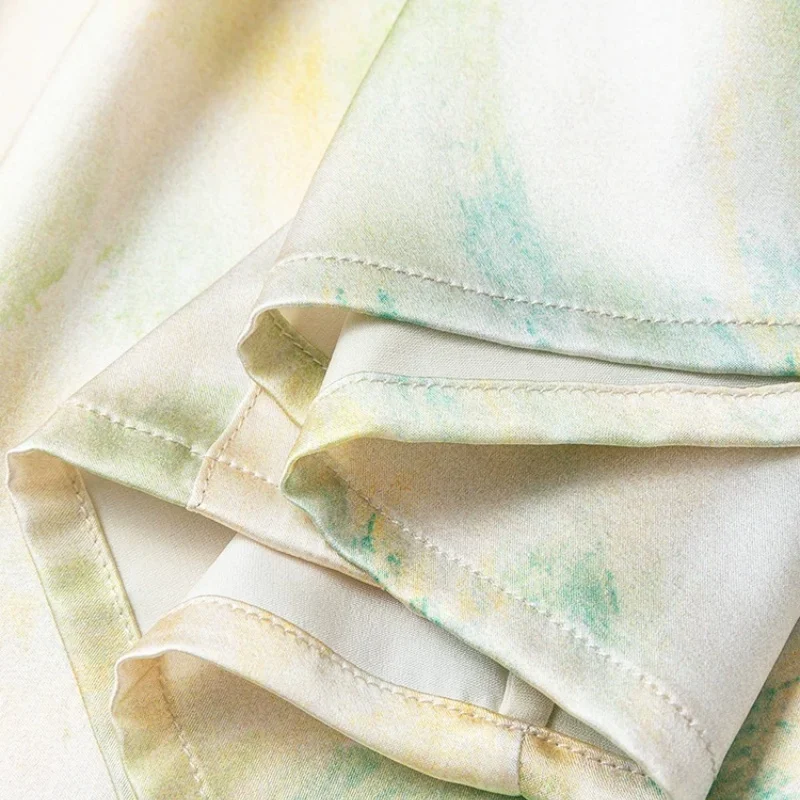 Birdtree, 93% Silk 7% Spandex Print Blouse, O-neck Puff Sleeve Shirt, Women's Plain Satin Elegant Tops, 2026 Summer New T64839JF