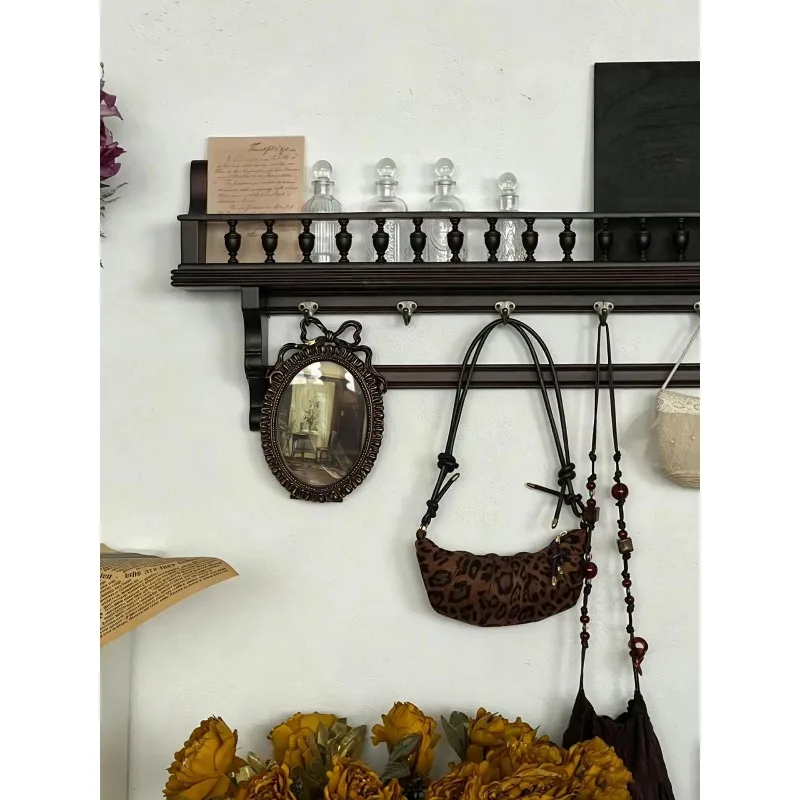 French retro solid wood hanger, wall hanging bag hanger on the wall of the entrance, clothes and hats storage rack 3