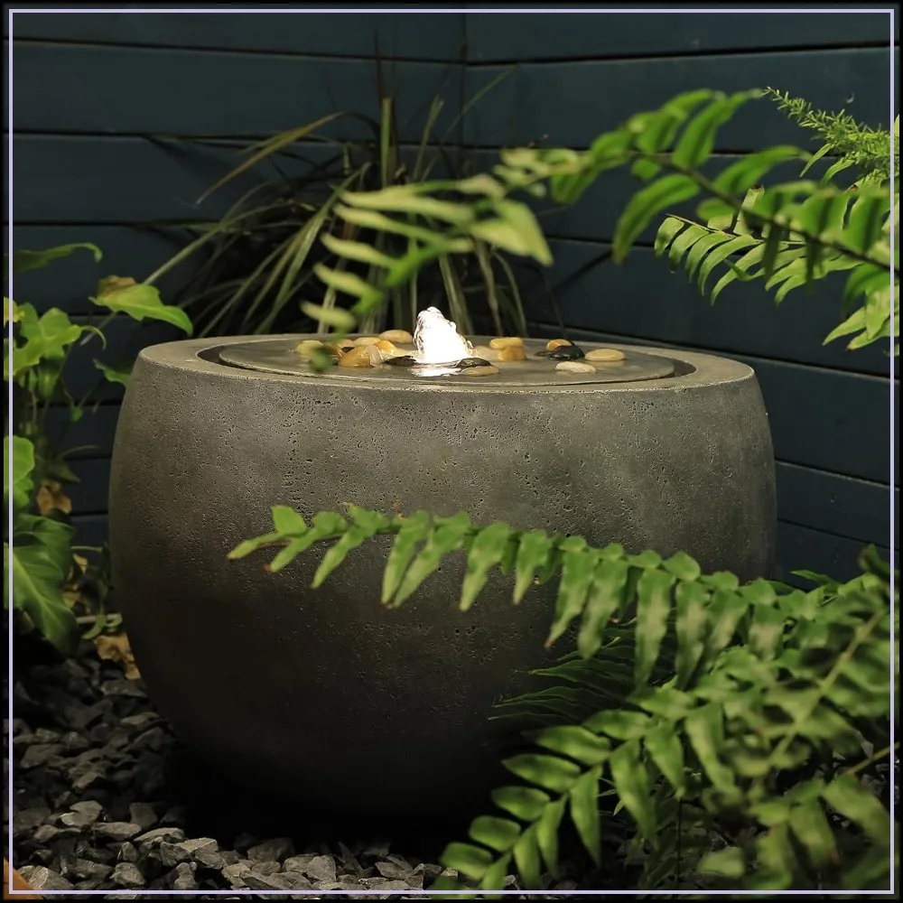 Tankana Garden Water Fountain Outdoor Bubbler with Lights Pump Pebbles 18x18x11.5 in Gray