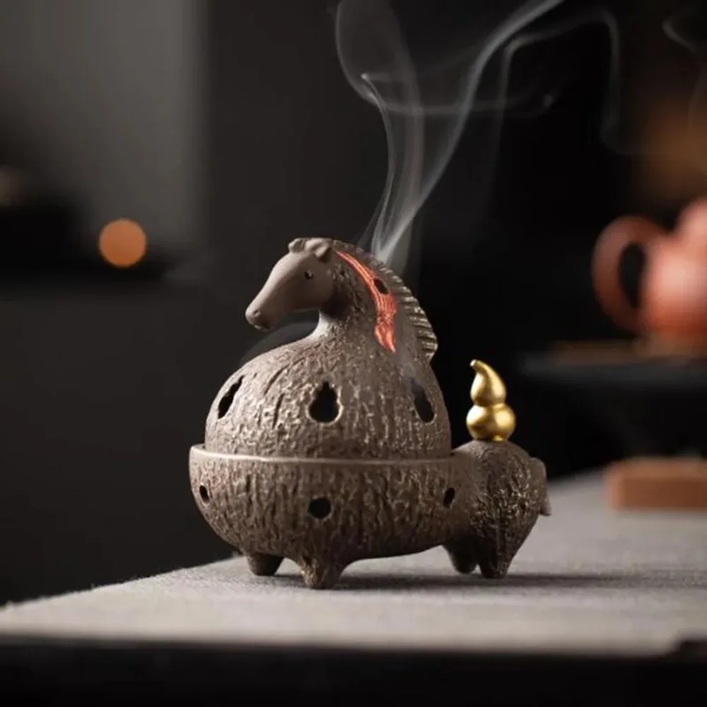 Antique Purple Clay Horse Smoking Backflow Incense Burner Aromatherapy Stove Chan Fragrance Censer Desktop Ornaments Decor
