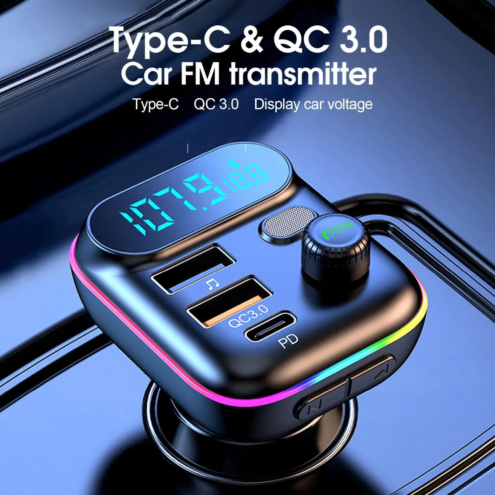 Car Fast Charge Bluetooth 5.0 FM Transmitter PD Dual Player Music Type-C Colorful Ambient MP3 Light Cigarette Lighter USB C0E3