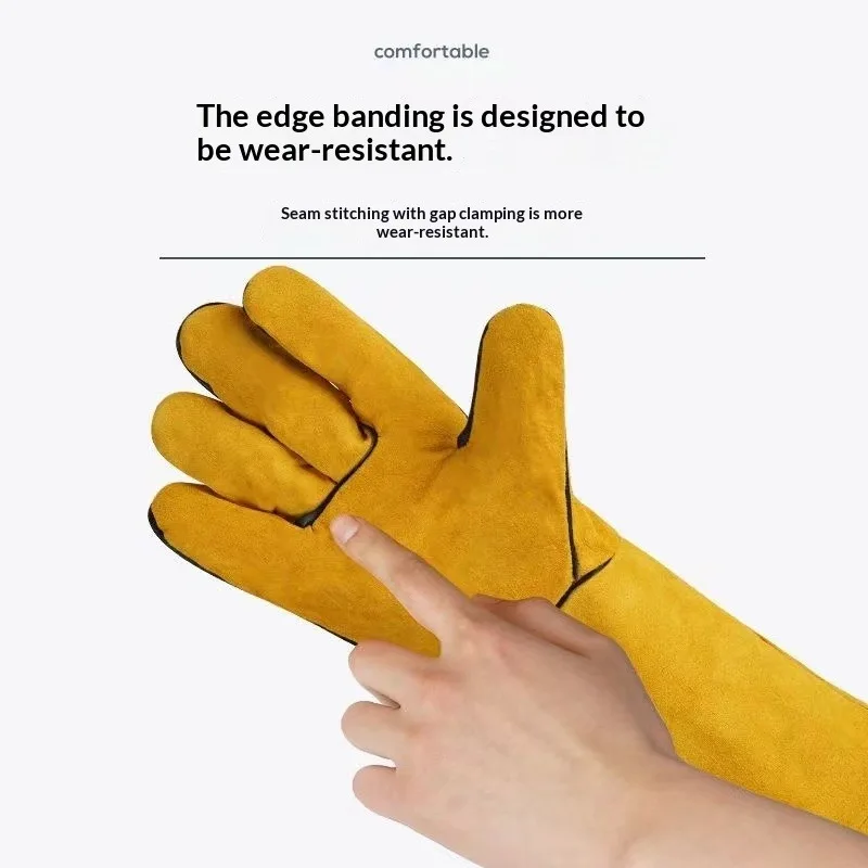 33cm Long Double Layer Cowhide Welding Gloves Fire Resistant High Temperature Heat Insulation Protective Gloves for Soldering