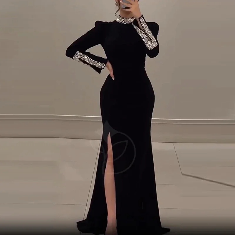 여성용 봄 긴팔 슬림 연회 드레스 캐주얼 라인스톤 패치워크 드레스 우아한 하프 하이넥 허리 랩 힙 드레스