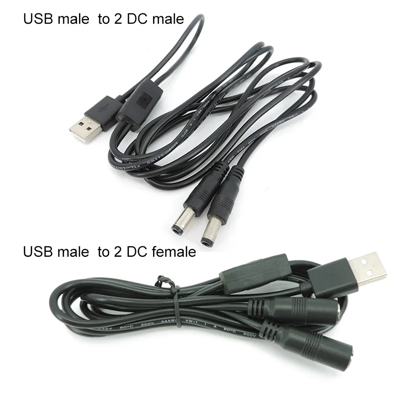 1m 22awg 3A USB 2.0 male to 2 way DC male Female Male Splitter Cable plug 5.5x2.5mm Power supply Cord adapter Connector Strip P1