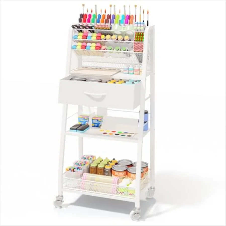 

3 Tier Rolling Cart - White Metal Utility Cart with Storage Drawer and Wheels for Art Craft Organization in Home Office or Stud