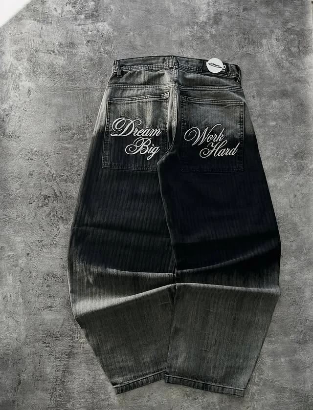 

Джинсы Y2K в готическом стиле с градиентной окраской, вышивкой «Dream Big Work Hard», широкие брюки в уличном стиле