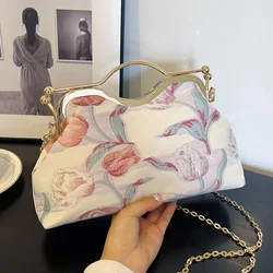 2024 Elegant Women's Canvas Dinner Clutch Lock Catch Shell Clip Party Prom Handbags Luxury Lady Flower Embroidery Messenger Bags