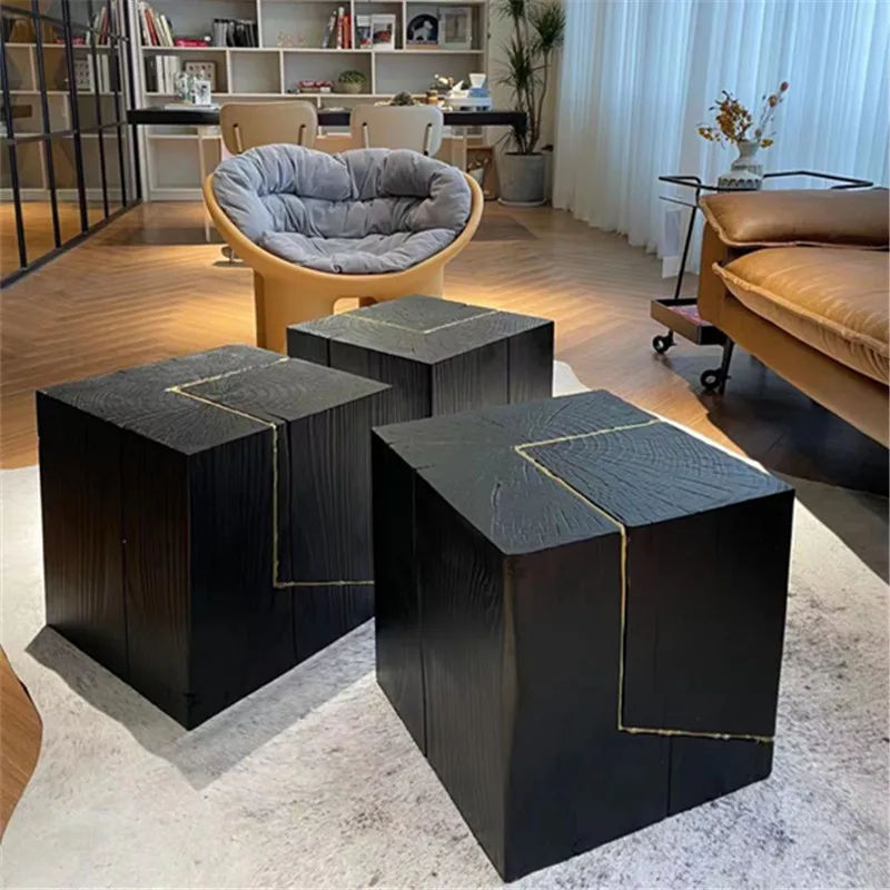 Muelle de troncos negro, adorno de muelle de madera cuadrado para alojamiento en familia, taburete bajo redondo de madera maciza para el hogar