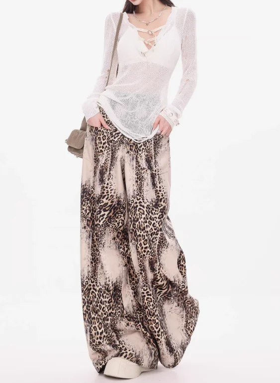 Spring Autumn New American Leopard Print Women Retro Wide-leg Leisure Pants Fashion Versatile Age-Reducing Personality Trousers