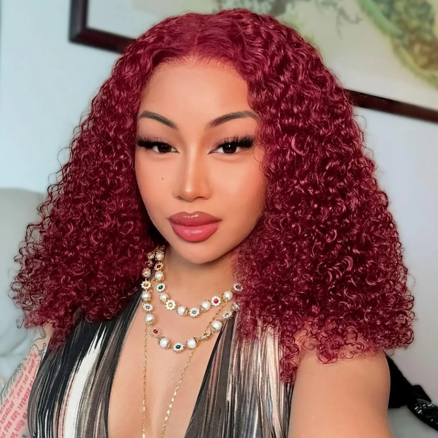 13x4 ลูกไม้ด้านหน้าวิกผมสั้น BOB CURLY วิกผม 99J Burgundy สี Deep Water WAVE BOB วิกผมลูกไม้ด้านหน้าด้านหน้า 100% ผมมนุษย์สําหรับผู้หญิง