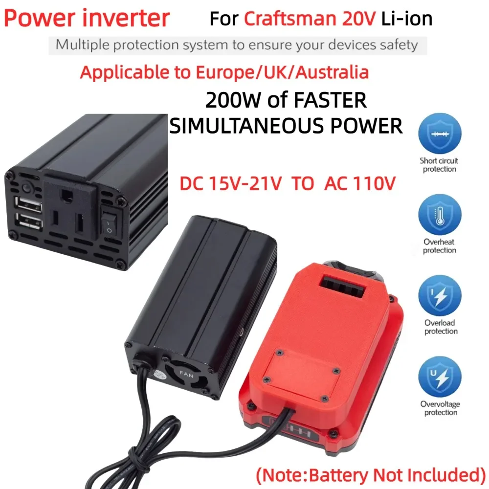 200W Portable Power Inverter Outlet Adapter for Craftsman V20 20 Volt Max Battery DC 20V To AC 110V Powered with Dual USB