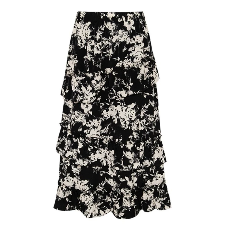 

Summer New Chiffon Girlish Medium Length Skirt Streetwear Vintage Floral Printed Cozy Sweet Design Sense Ruffles Flowy Vestidos