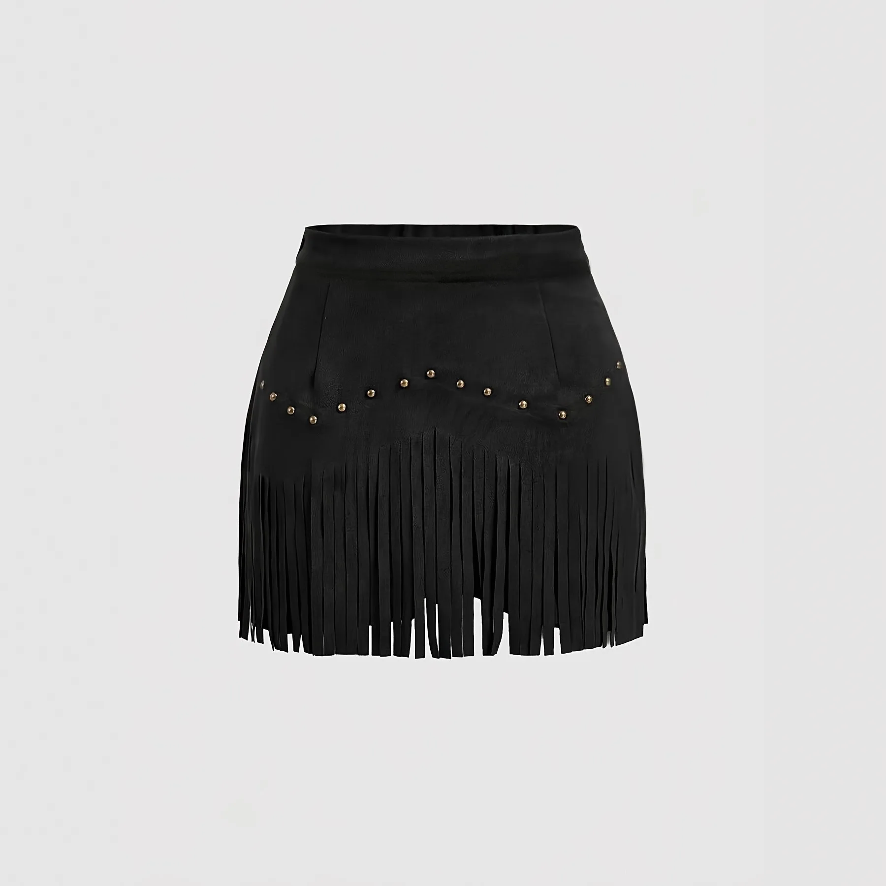 

2025 Women’s Retro Studded Tassel Faux Suede A-Line Skirt