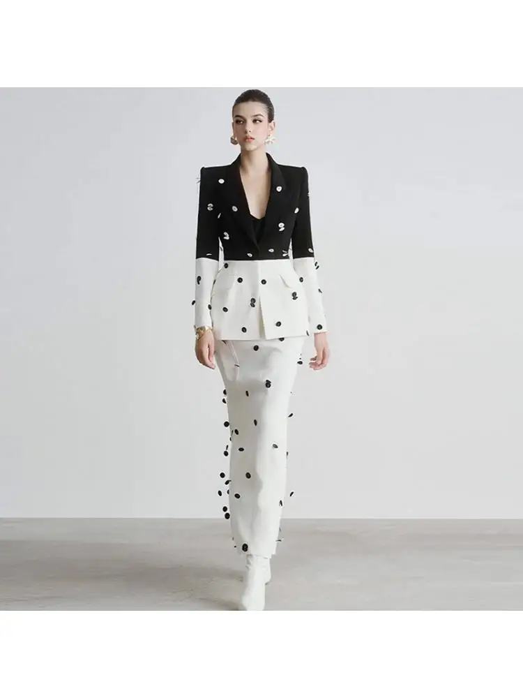 

2025 Spring European Fashion Sequins Beading Color Matching Elegant Suit And Trumpet Long Skirt Sets For Women 2 Pieces