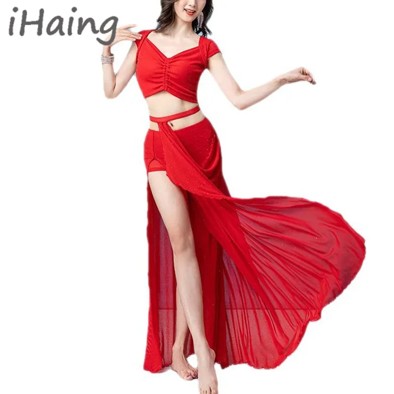 2PCS Adult Oriental Bellydance Practice Top Split Skirt Lady Elegant Belly Dance Training Dancewear Class Lesson Wear Clothes