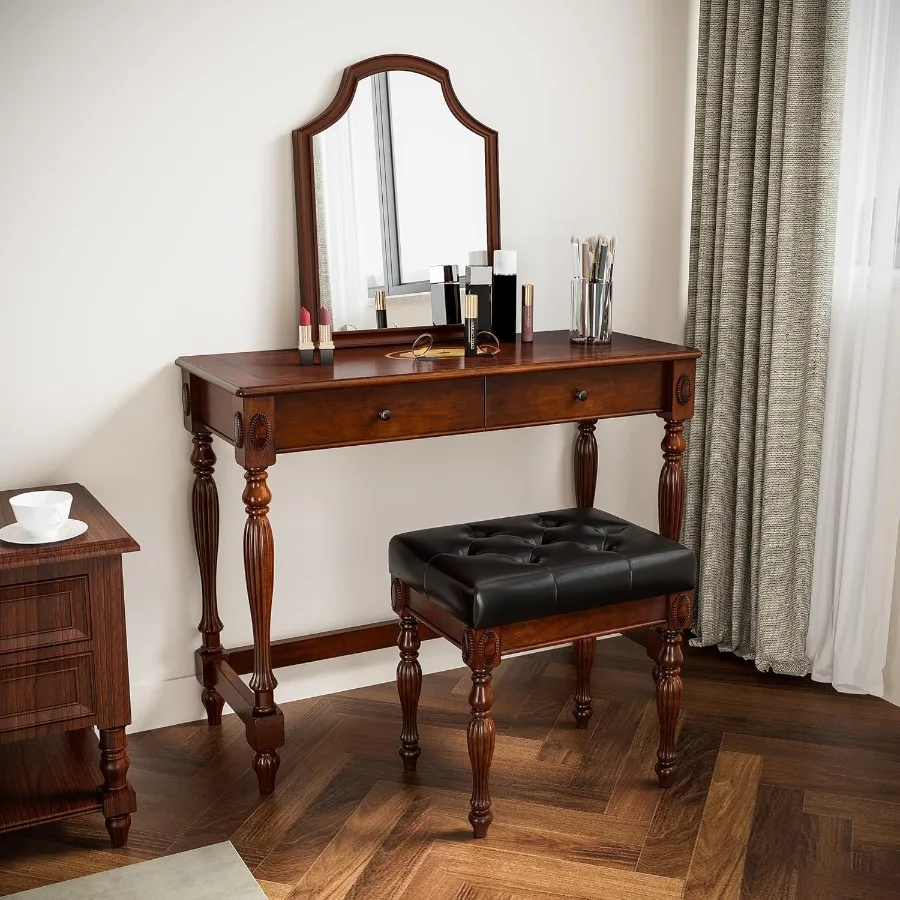 مكتب كتابة الكمبيوتر من الخشب الصلب مع درجين كبيرين 39.4 مكتب منزلي واسع محطة عمل أثاث طاولة دراسة ريفية صغيرة i #4