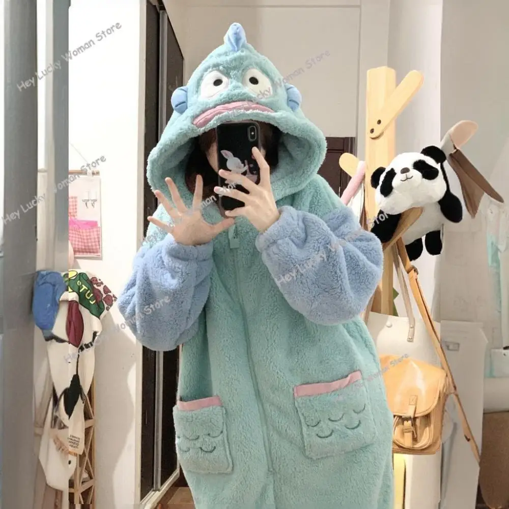 Cartoon Hangyodon Plush Siamese Pajamas Hooded Jumpsuit Pajamas Sanrioed Anime Kawaii Coral Velvet Homewear Thickened Nightgown