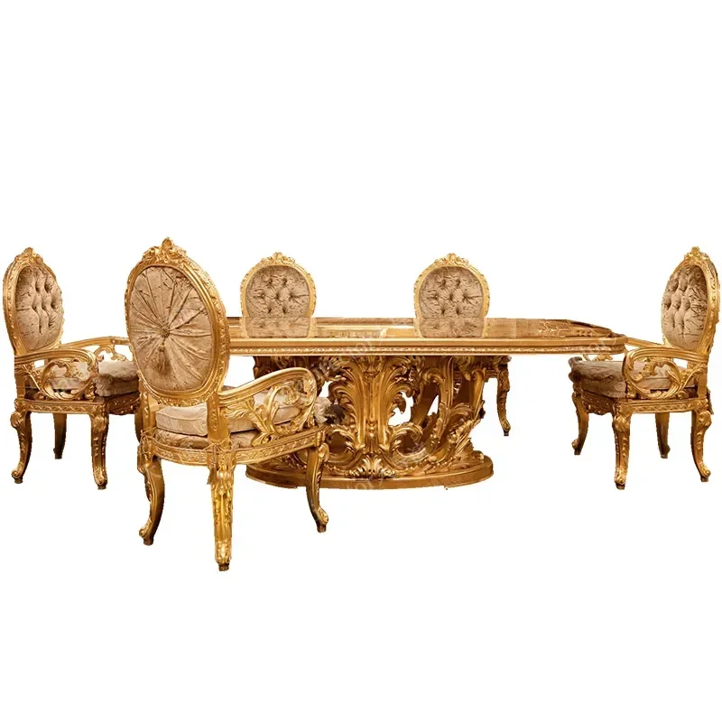 French luxury palace villa dining table, European solid wood round dining table, large unit gold foil patterned rectangular dini