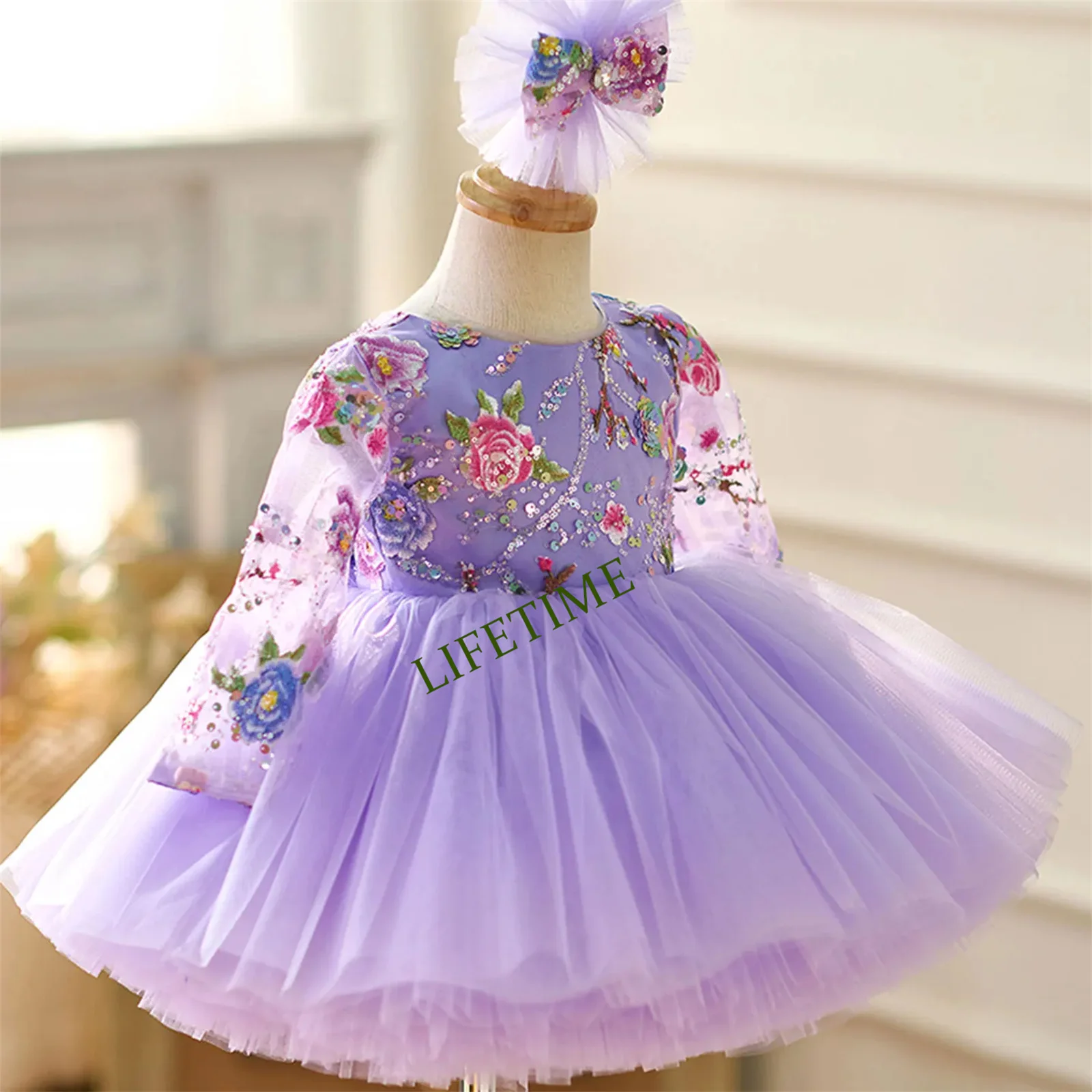 CustomizedDusty Pink Lace Knee Length Girl Dress with Sleeve Princess Children Birthday Wedding Party Pageant Ball Gown