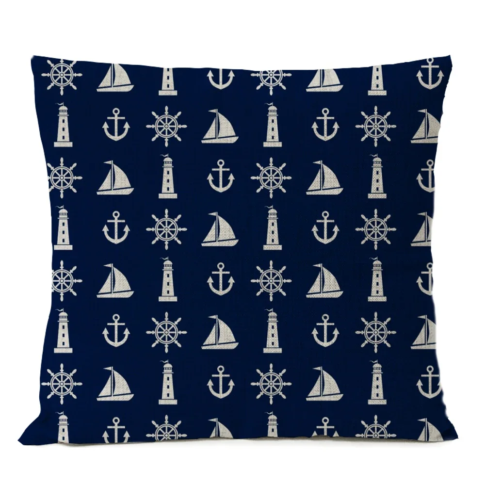 Home Decorative Navigation Blue Compass Anchor Pillow Cover Nautical Shell Fish Linen Pillow Case Mediterranean Cushion Cover