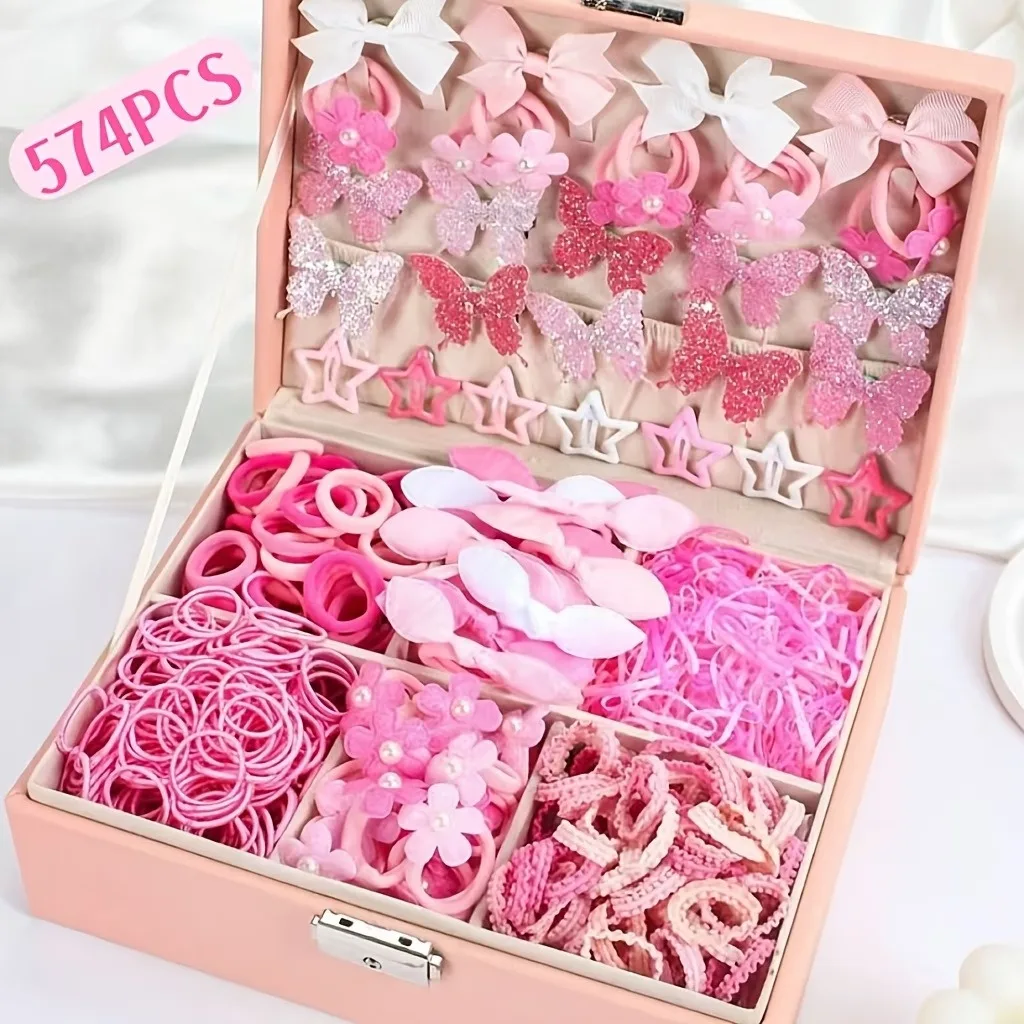 574-Piece Hair Accessory Set, Featuring colorful Hair Ties and Adorable Bow Hair Clips – Valentine’s Day Hair Accessory Set.