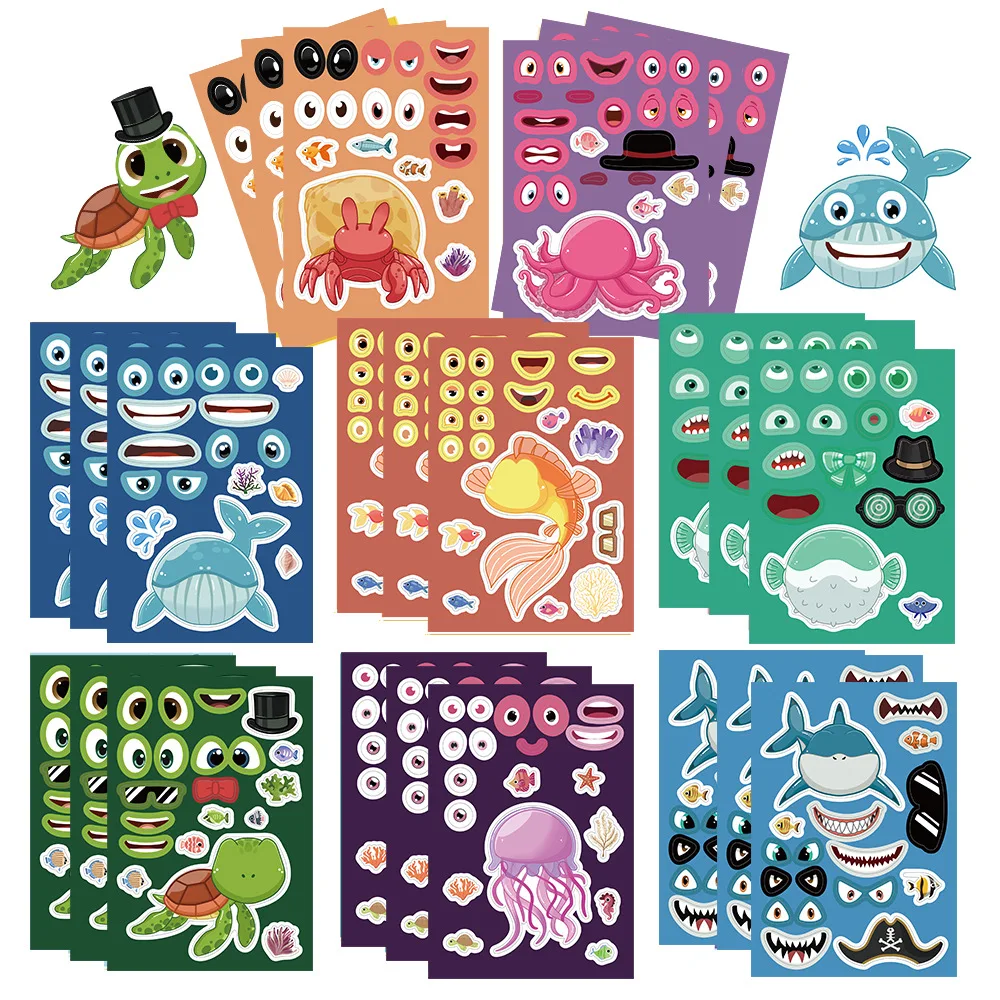 

8/16Sheets Ocean Sea Animal Puzzle Stickers Make a Face Children Create Your Own Shark Octopus Kids Educational DIY Jigsaw Toys