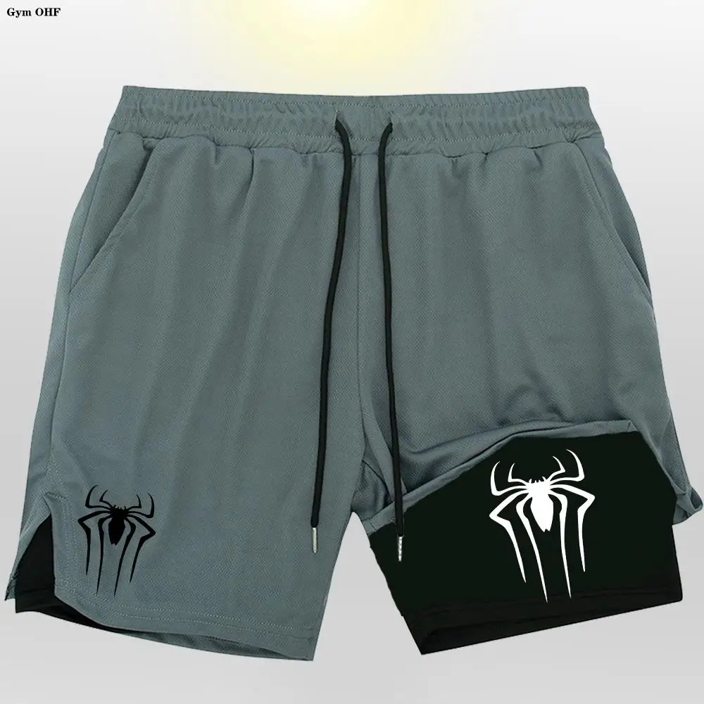 2099 New Spider Print Men's Fitness Training Shorts Summer 2 In 1 Quick Dry Gym Running Double-Deck Shorts Outdoor Sportswear