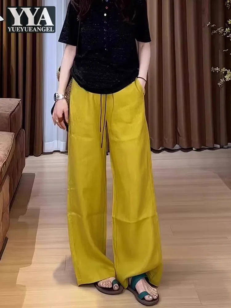 

Summer Casual Women Pants Elastic High Waist Drawstring Loose Fit Straight Trousers Female Harajuku Wide Leg Pants Size S-4XL