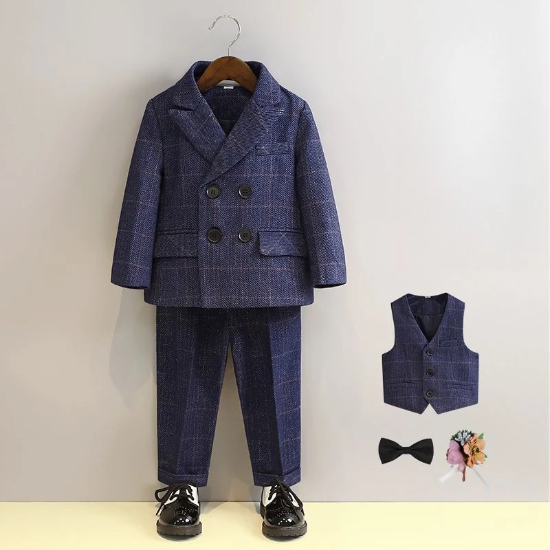 

2025 New Children's Checkered Suit Set for Baby Boy's First Birthday Stylish Performance Costume with Flower Design