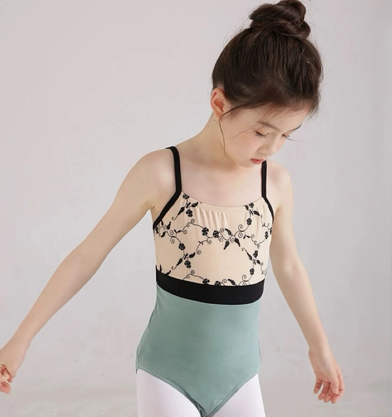 

Kid Dance Leotards Chinese Ballet Dance Practice Clothing Girls Summer Embroidery Suspender Art Gymnastics Skating Swimwear