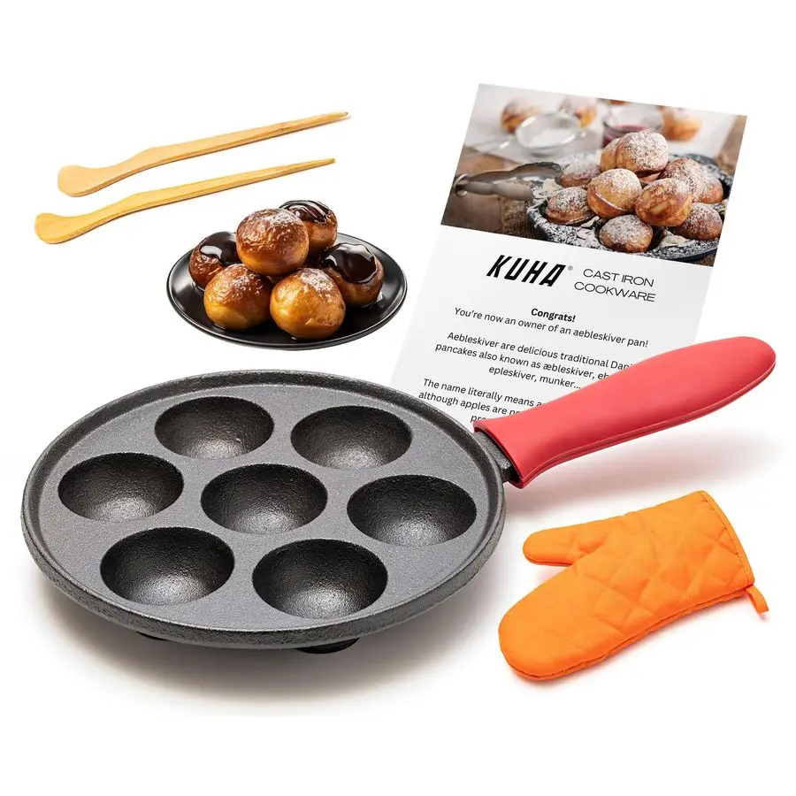 

Чугунная сковорода Aebleskiver, аутентичная датская блинница для Aebleskiver, Poffertjes, Takoyaki, Appam, Kuli Paniyaram PreSeasone