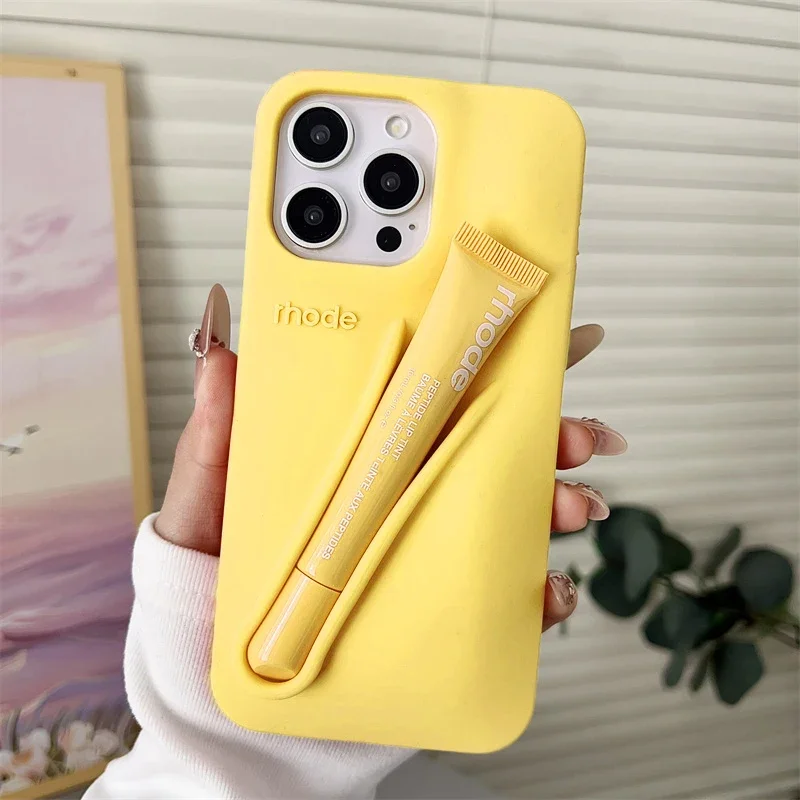 Casing HP 2025 untuk iPhone 17 Air 16 15 14 13 12 11 Pro Max Plus, Tempat Lip Gloss, Bahan Silikon Lembut dengan Kotak dan Lipstik