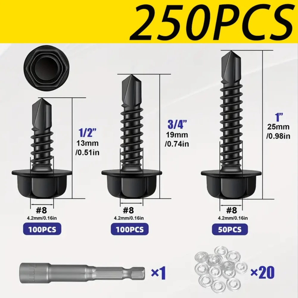 250pcs Black Zinc-plated Screws 410 Stainless Steel Hexagonal Wass Drill Tail Screws Set HRC25 Dovetail Self-tapping Screws Box