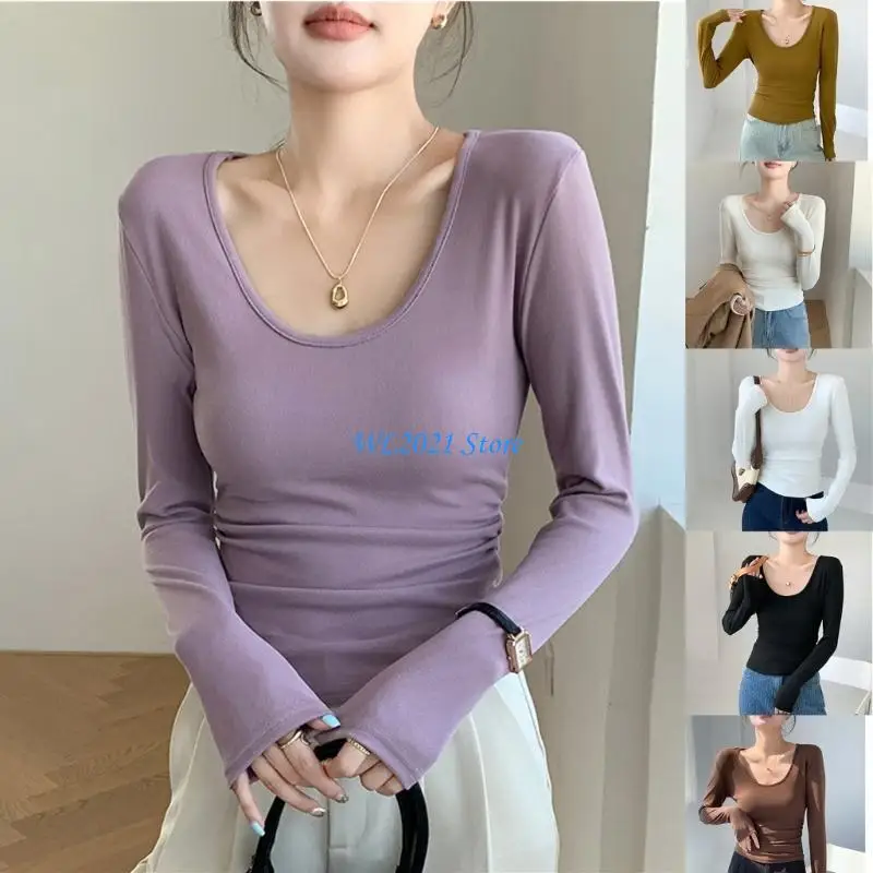 

G5GC Women Pullover Round Neck Shirt Undershirt Long Sleeve Round Neck Ruched Side Fit Solid Color Pullover Warm Top