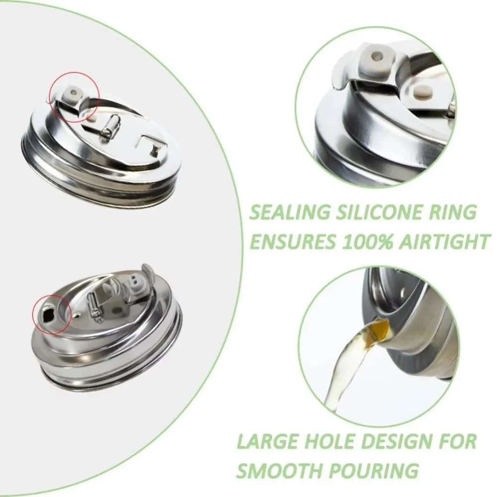 Stainless Steel Mason Jar Drinking Lids Leak Proof Seal Flip Cap Mason Jar Sip Lids Reusable With Straw Hole Pour Lids