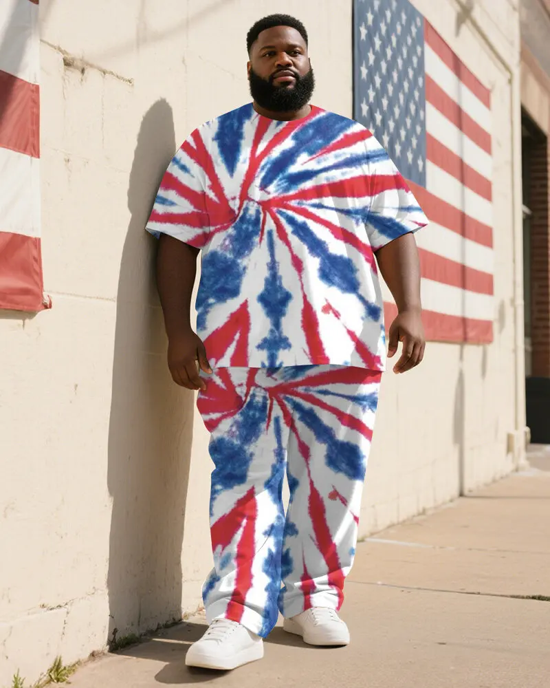 Men's Plus Size Patriotic Red White and Blue Print Tee and Long Pants Set, Short Sleeve Crew Neck, Casual Summer Wear, S-9XL