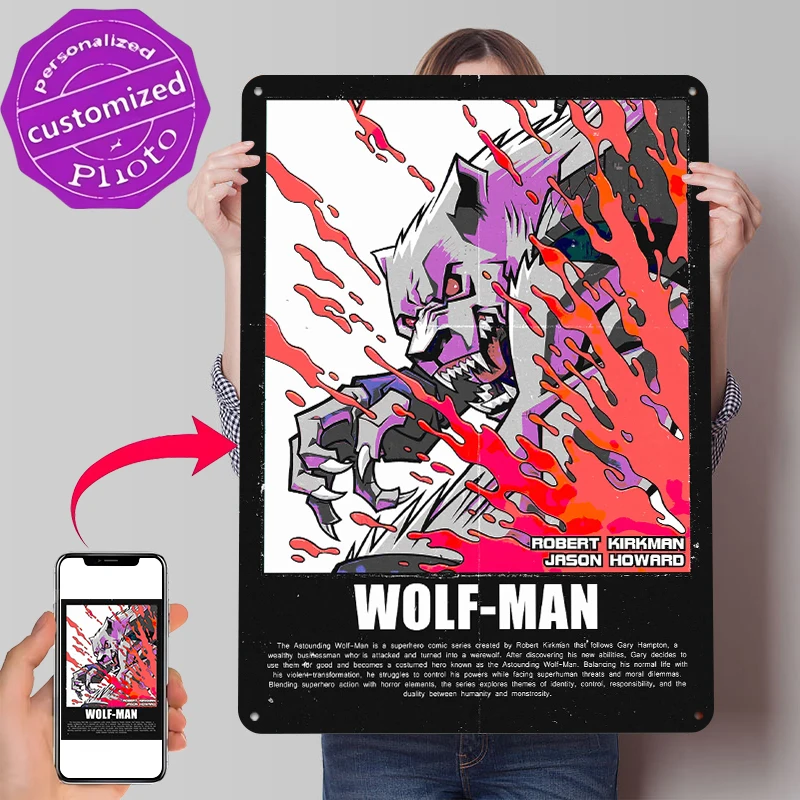 Affiche métallique personnalisée de la couverture de la bande dessinée The Astounding Wolf-Man, art mural rétro vintage en tôle pour la décoration de bureau et de chambre