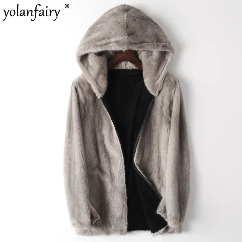 YOLANFAIRY Whole Mink Real Fur Coat Men Reversible Hooded Fur Jackets Short Fur Parkas Winter Jacket Casaco De Pele Masculino