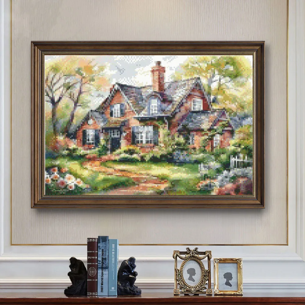 Cross Stitch Embroidery Forest House With Chimney Landscape Thread Drawing DIY Needlework Kit Decorate Printed on Canvas 11CT