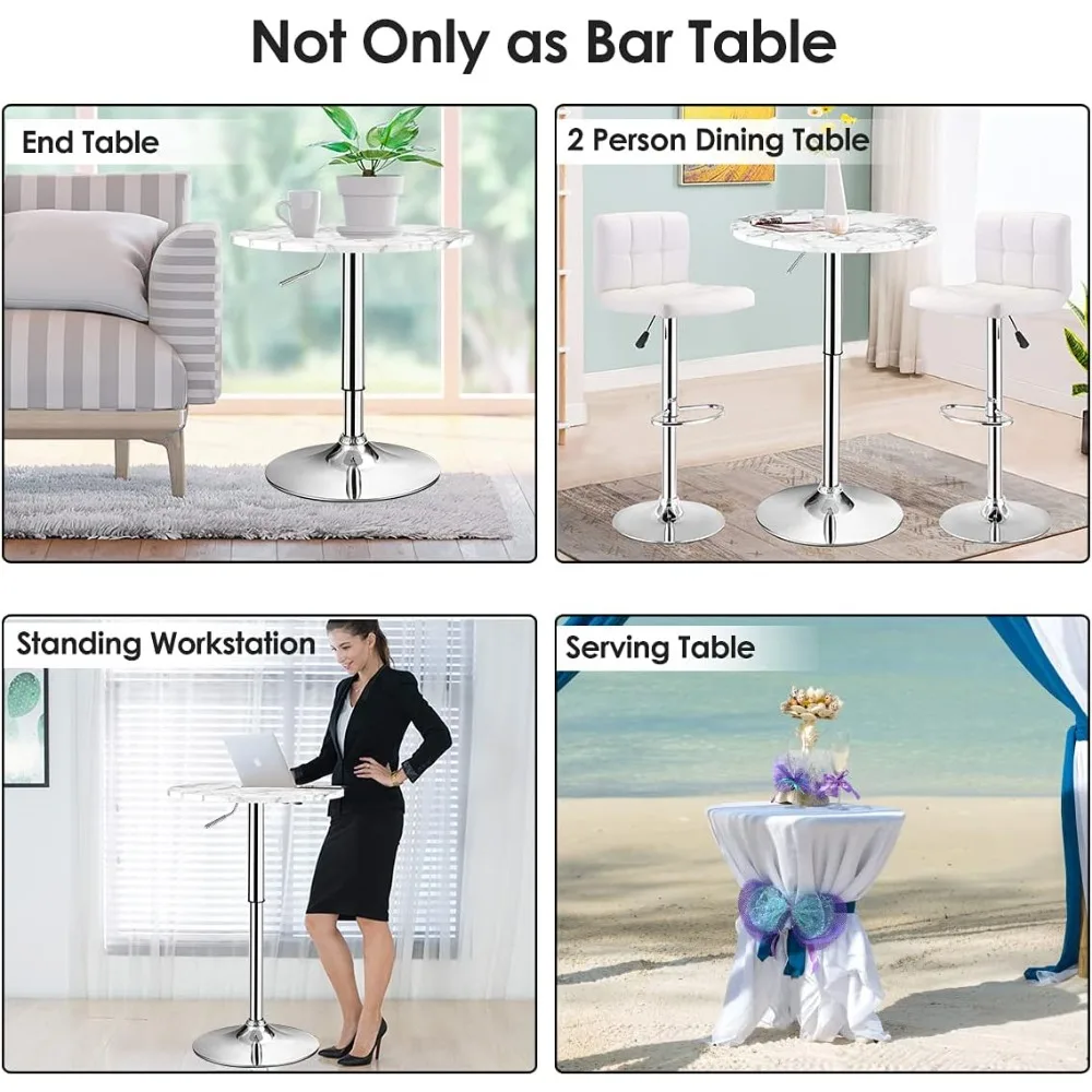 Runder Kneipentisch höhenverstellbar, 360° °   Drehbarer Cocktail-Pub-Tisch mit silbernen Beinen und Untergestell für Zuhause, Bartisch (weiß)