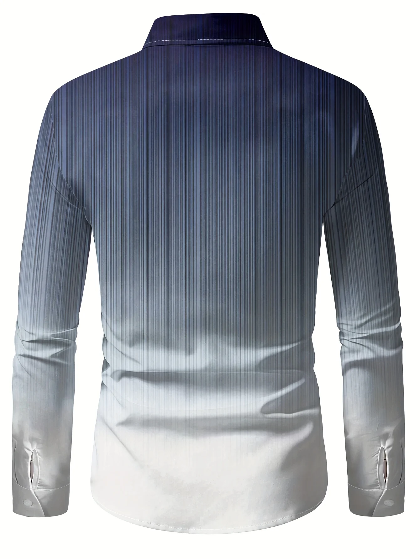 Men Long Sleeve Button Down Shirt Blue‑White Gradient Vertical Stripe Print Polyester Lapel Collar Business Casual