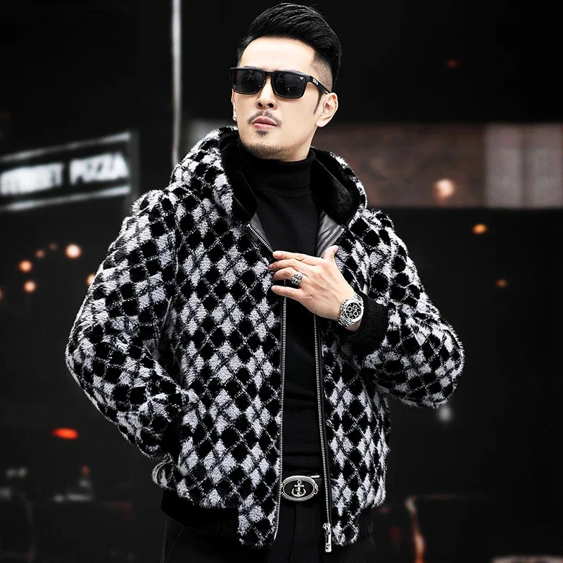 2023 Men's Autumn Winter Fashion Real Fur Hooded Jackets Male Print Plaid Casual Coats Men Genuine Fur Warm Overcoats