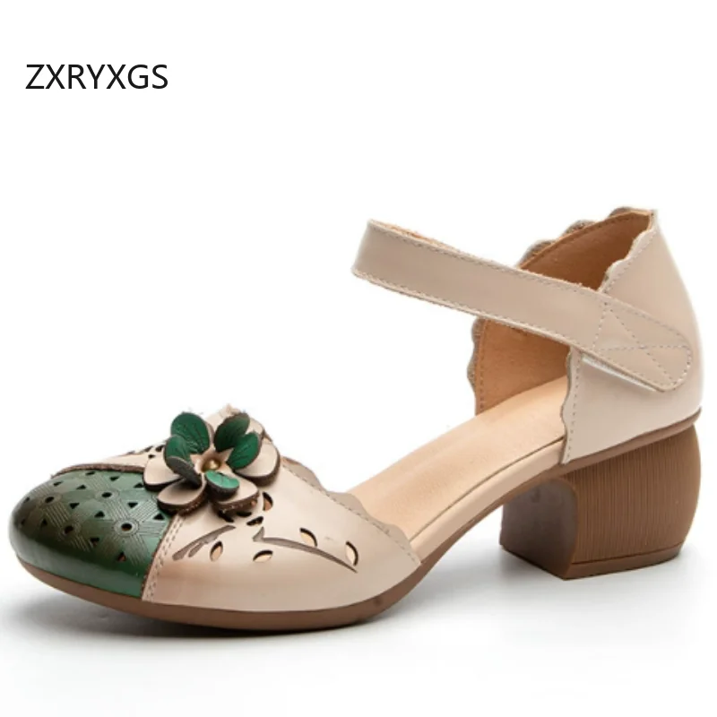 ZXRYXGS Top Cowhide Mixed Colors Flowers Sandals Fashion Shoes Summer Women Wedding Banquet Sandals Thick Mid Heel Sandals 2026
