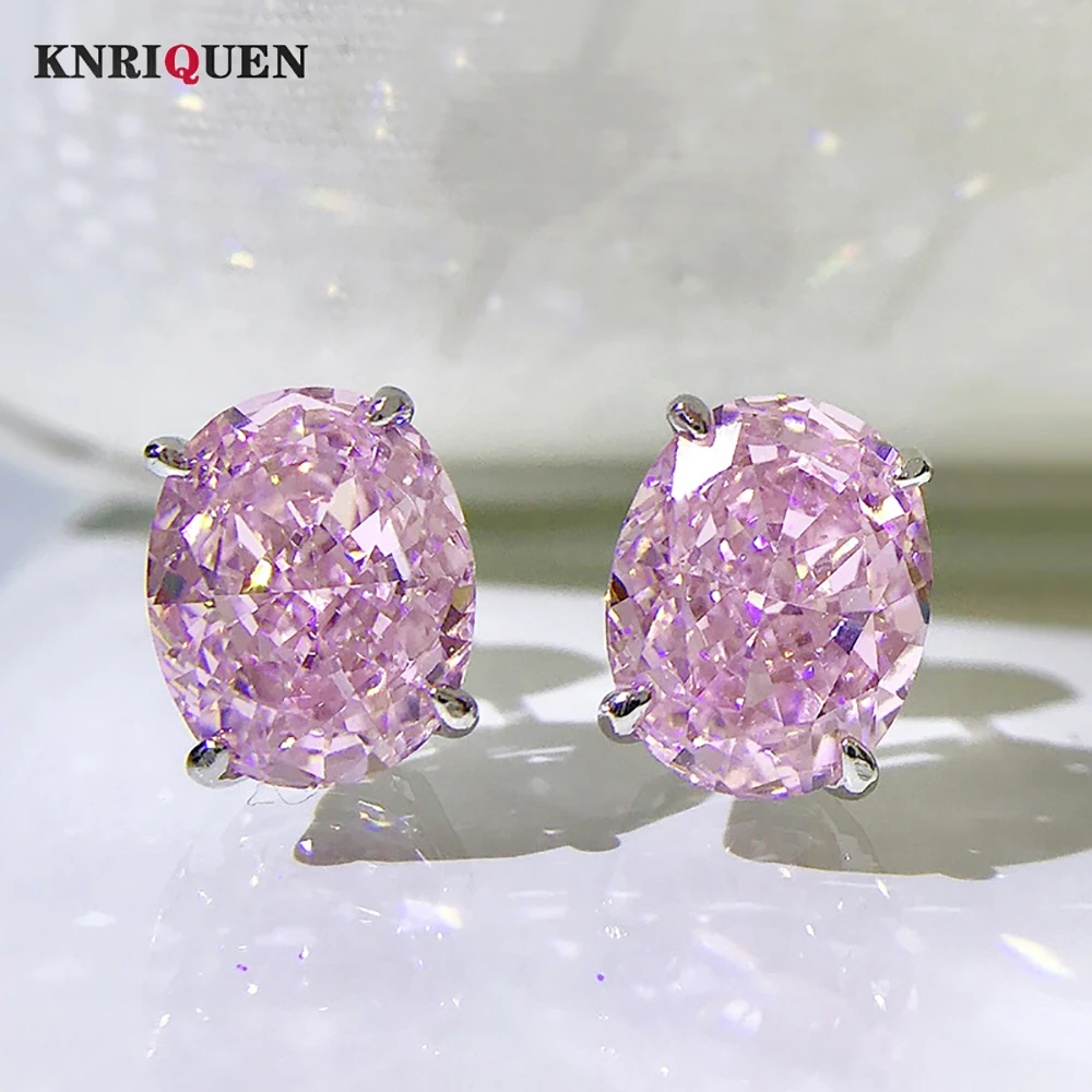 Luxury 100% 925 Solid Silver 8*10mm Pink Quartz Topaz High Carbon Diamond Stud Earrings for Women Wedding Fine Jewelry Lady Gift