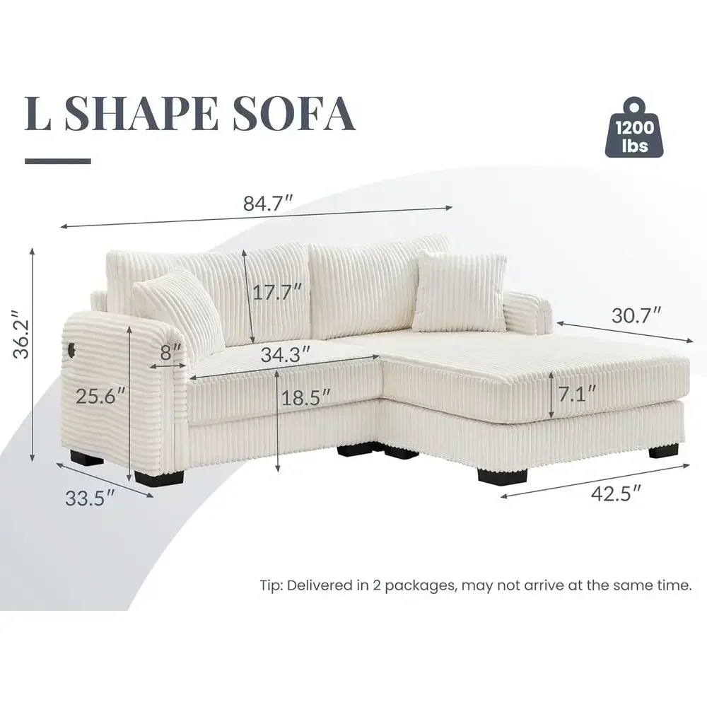 Oversized Corduroy L-Shaped Sofa with Reversible Chaise, USB Port, Side Pocket, Ivory