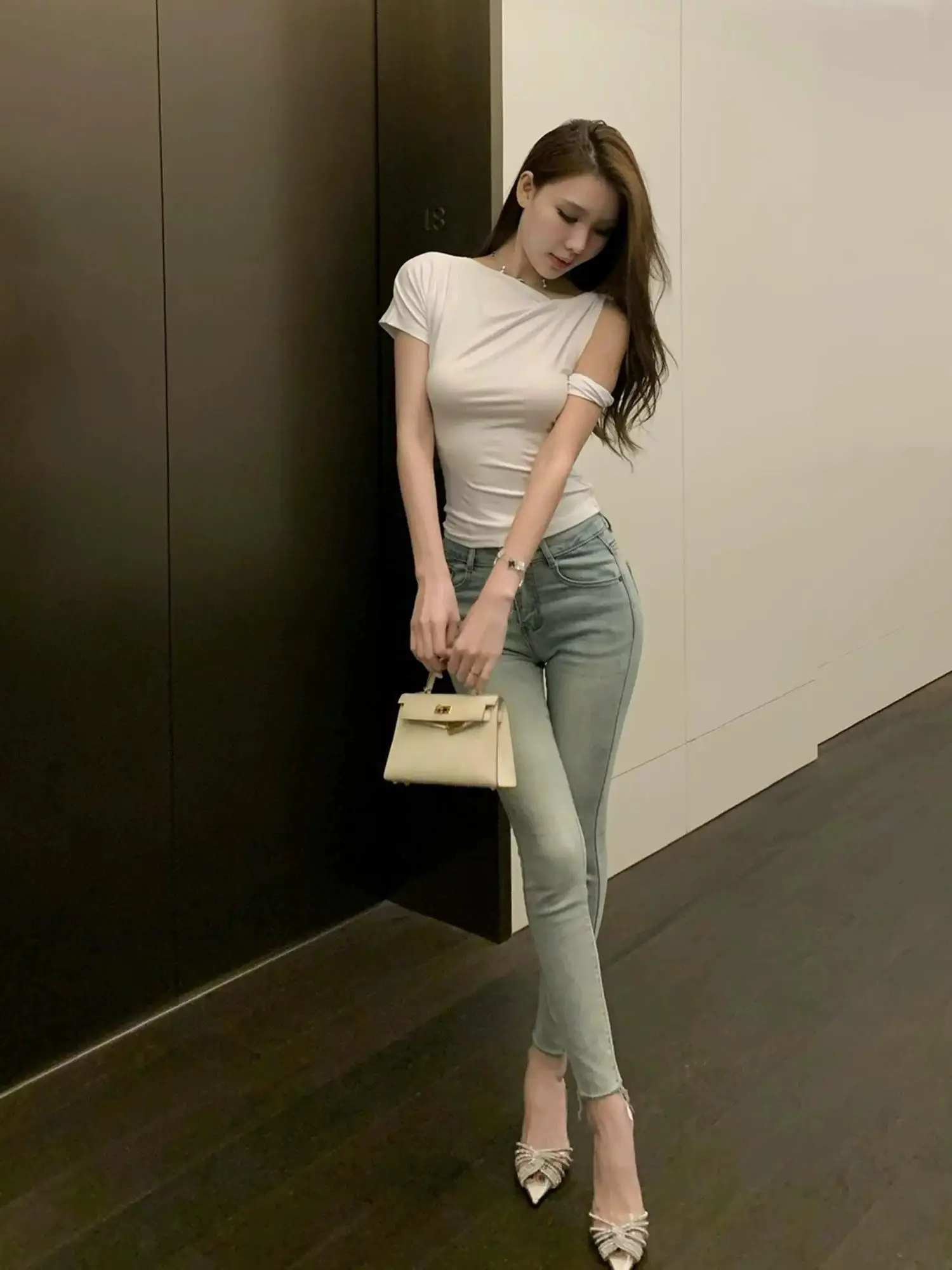 

Ретро-джинсы-скинни светло-голубого цвета для женщин, с высокой талией, эластичные, облегающие, модные, из хлопка с добавлением стрейча, длиной 7/8, фасон «карандаш»